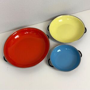 VTG Enamel Pans Enamelware Set Of 3 Yugoslavia Red Blue Yellow